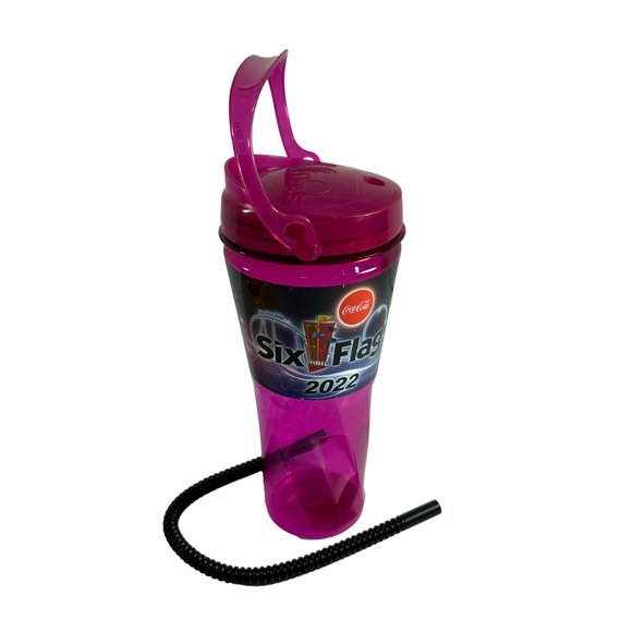 Six Flags 2022 Pink Plastic Cup Collectible Souvenir With Straw Coca Cola - Picture 1 of 9